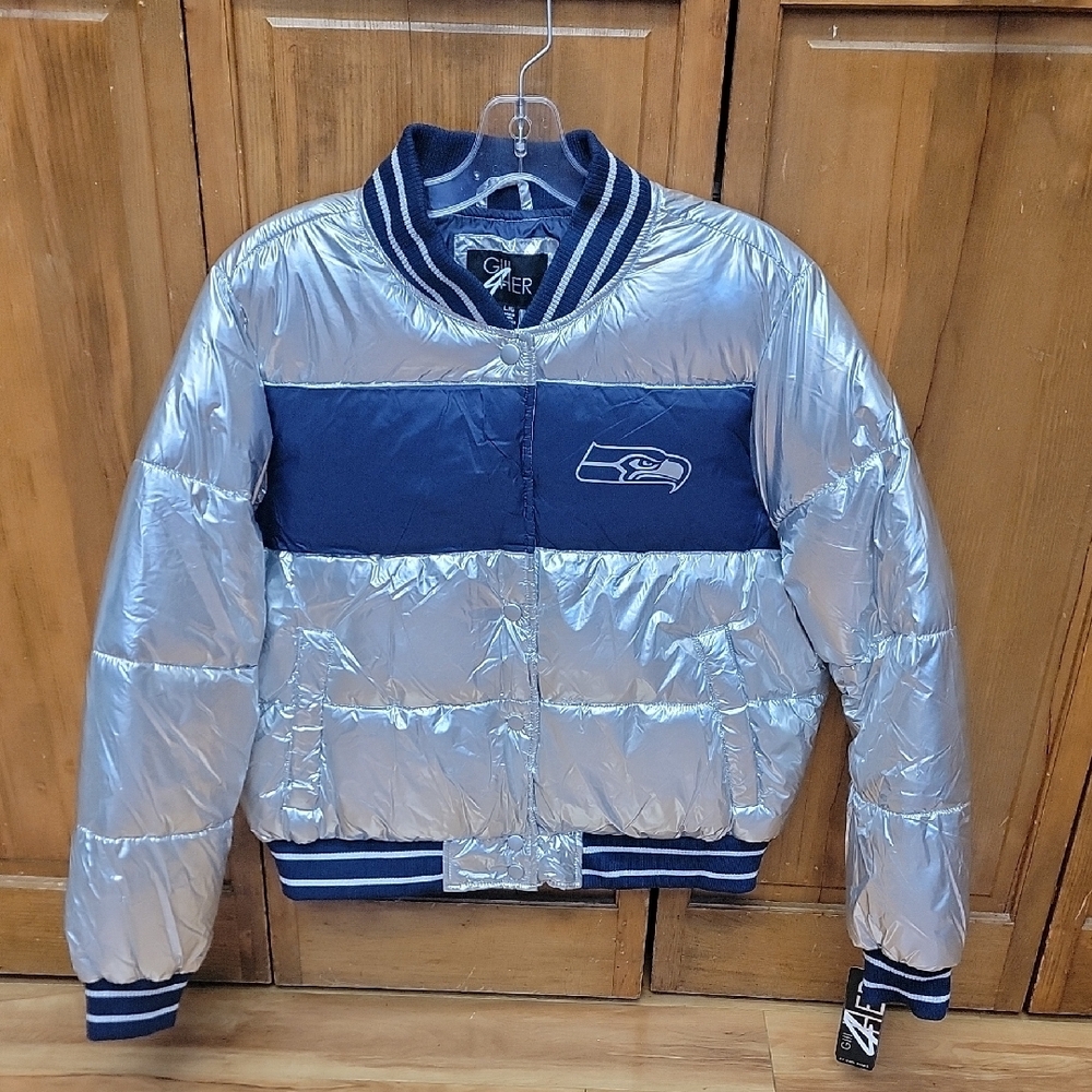 💚 Seattle Seahawks Size LARGE NFL GIII 4 Womens Silver/Navy Puffer Jacket NEW